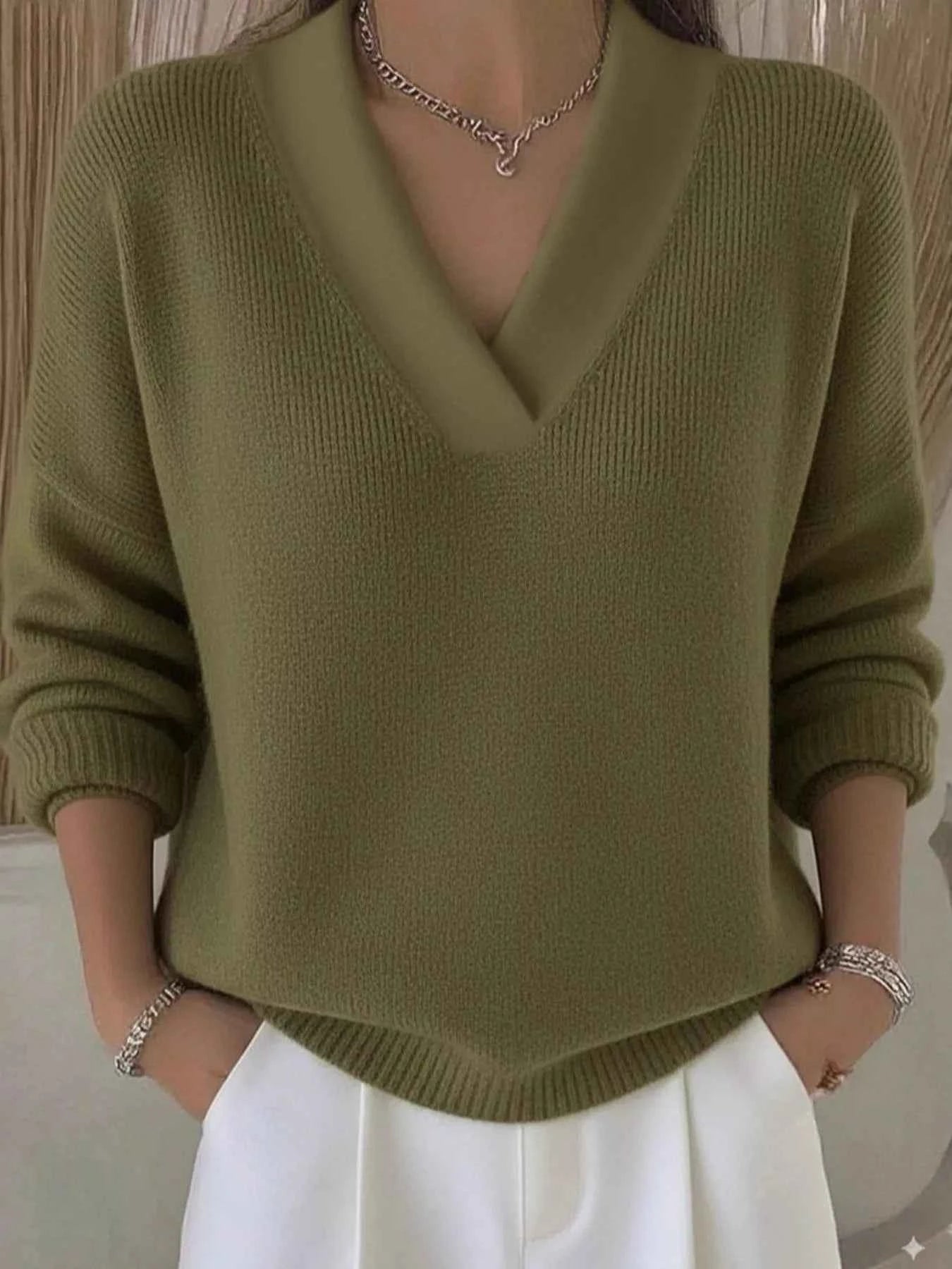 Sarah Express Women's V-Neck Dropped Shoulder Sweater - Relaxed Fit Plus Size Pullover Army Green