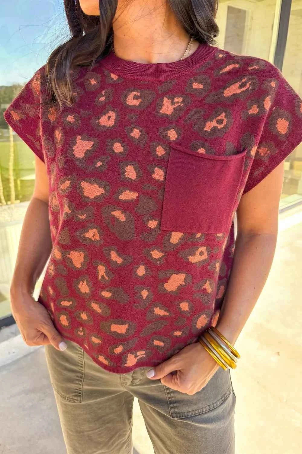 Sarah Express Women's Leopard Print Cap Sleeve Knitted Top - Trendy Animal Print Blouse Rust