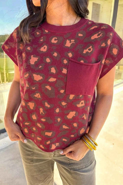 Sarah Express Women's Leopard Print Cap Sleeve Knitted Top - Trendy Animal Print Blouse Rust