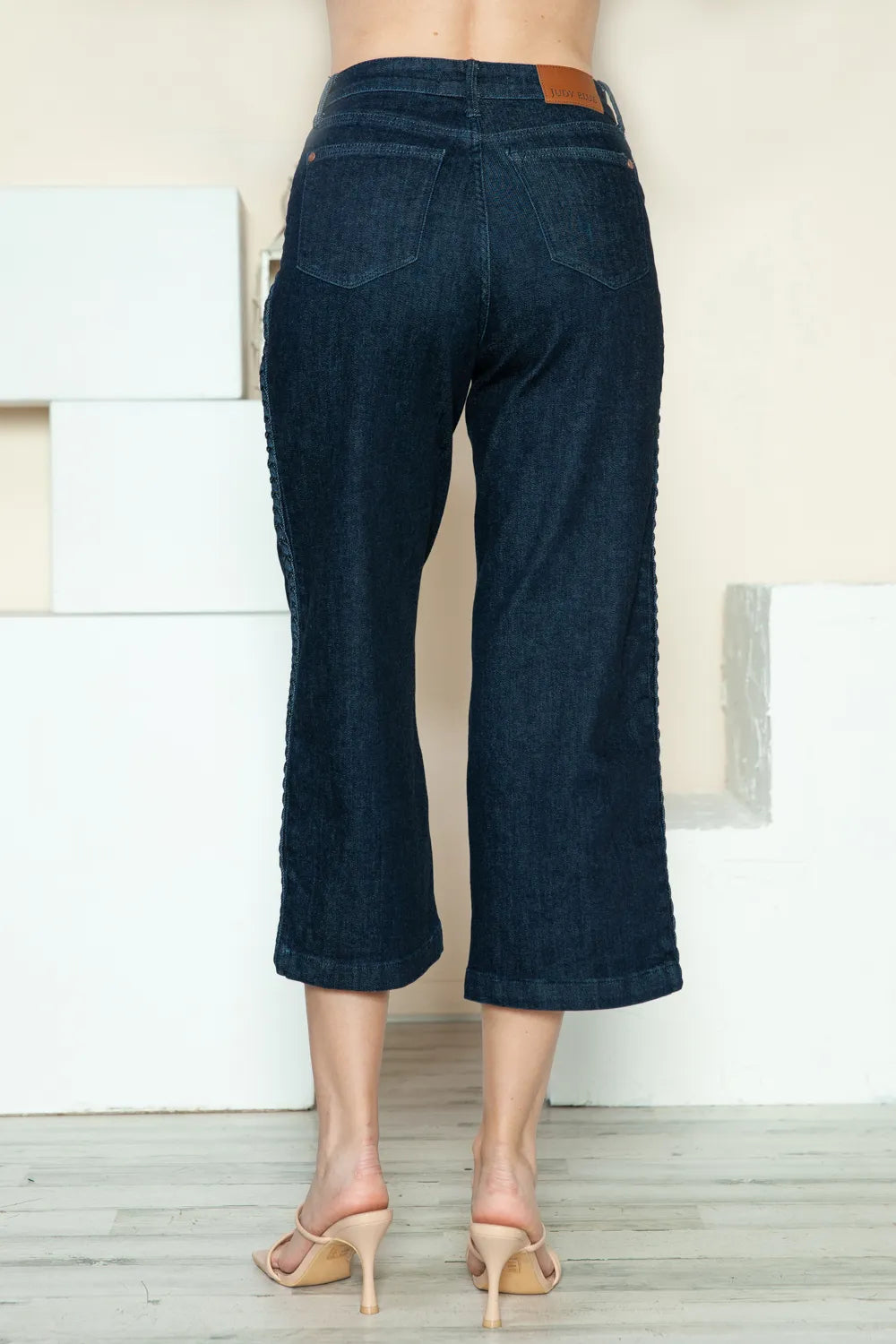 Sarah Express Women’s Plus Size High Rise Crop Wide Leg Jeans with Braid Detail
