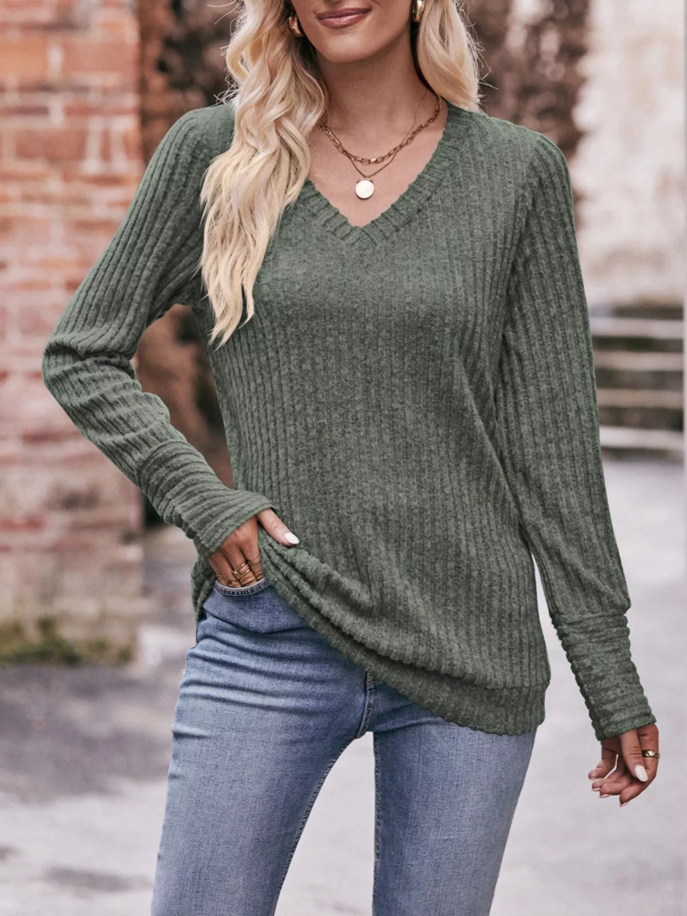 Sarah Express Women's V-Neck Ribbed Knit Long Sleeve T-Shirt