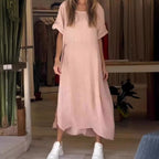 Sarah Express Women's Loose Cotton Linen Maxi Dress Short Sleeve Casual Relaxed Fit

