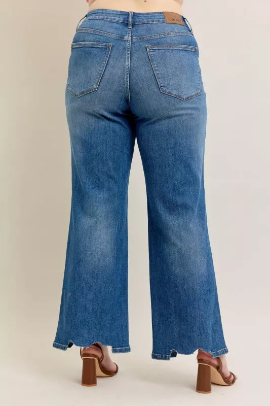 Sarah Express Women’s Plus Size High Rise Tummy Control Destroyed Wide Leg Jeans
