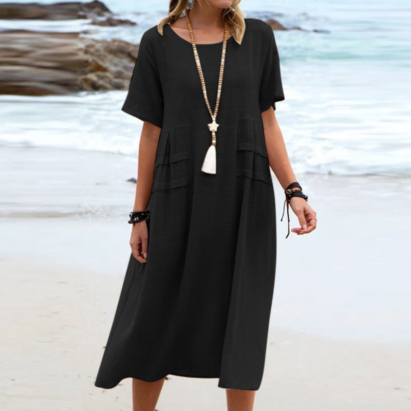 Sarah Express Women's Loose Casual Midi Dress Short Sleeve Summer Beach Cotton Linen Style