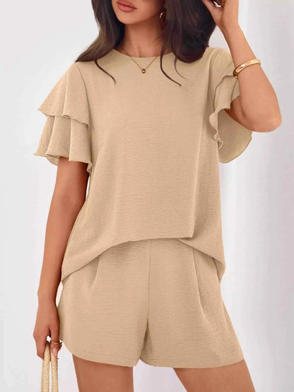 Sarah Express Women's Ruffle Sleeve Top and Shorts Two-Piece Set - Casual Summer Outfit Khaki