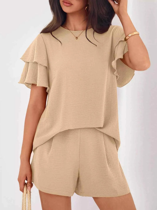 Sarah Express Women's Ruffle Sleeve Top and Shorts Two-Piece Set - Casual Summer Outfit Khaki