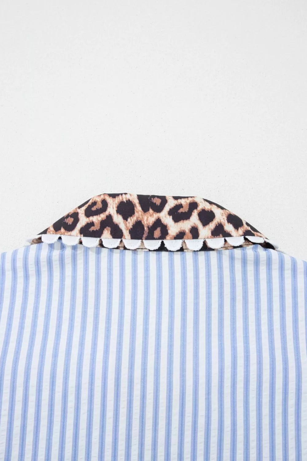 Sarah Express Women's Stripe Ricrac Trim Puff Sleeve Leopard Patchwork V Neck Blouse