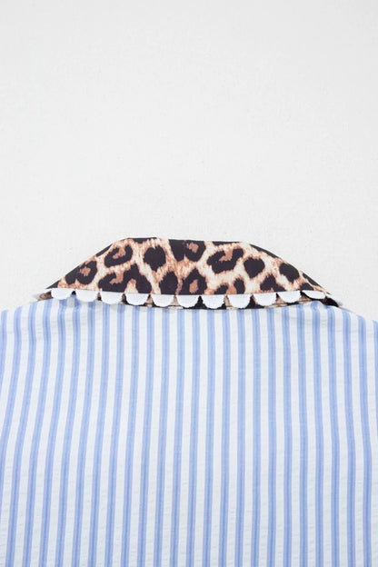 Sarah Express Women's Stripe Ricrac Trim Puff Sleeve Leopard Patchwork V Neck Blouse