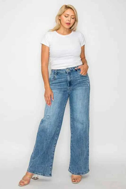 Sarah Express Women's High Rise Wide Leg Jeans with Pockets - Premium Stretch Denim