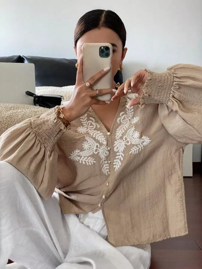 Sarah Express Women's Embroidered Notched Long Sleeve Blouse Tan