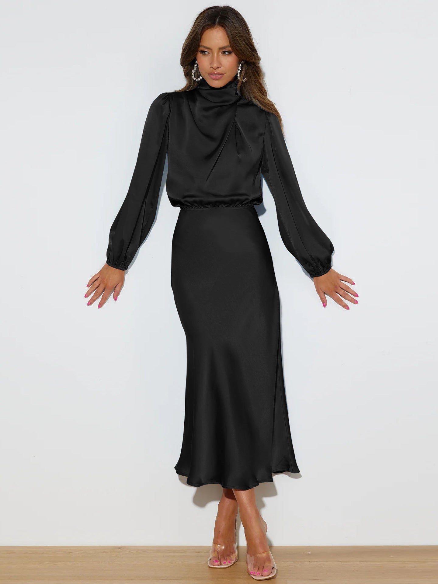 Sarah Express Women's Satin Formal Dress Halter Neck Long Sleeve Evening Midi Elegant