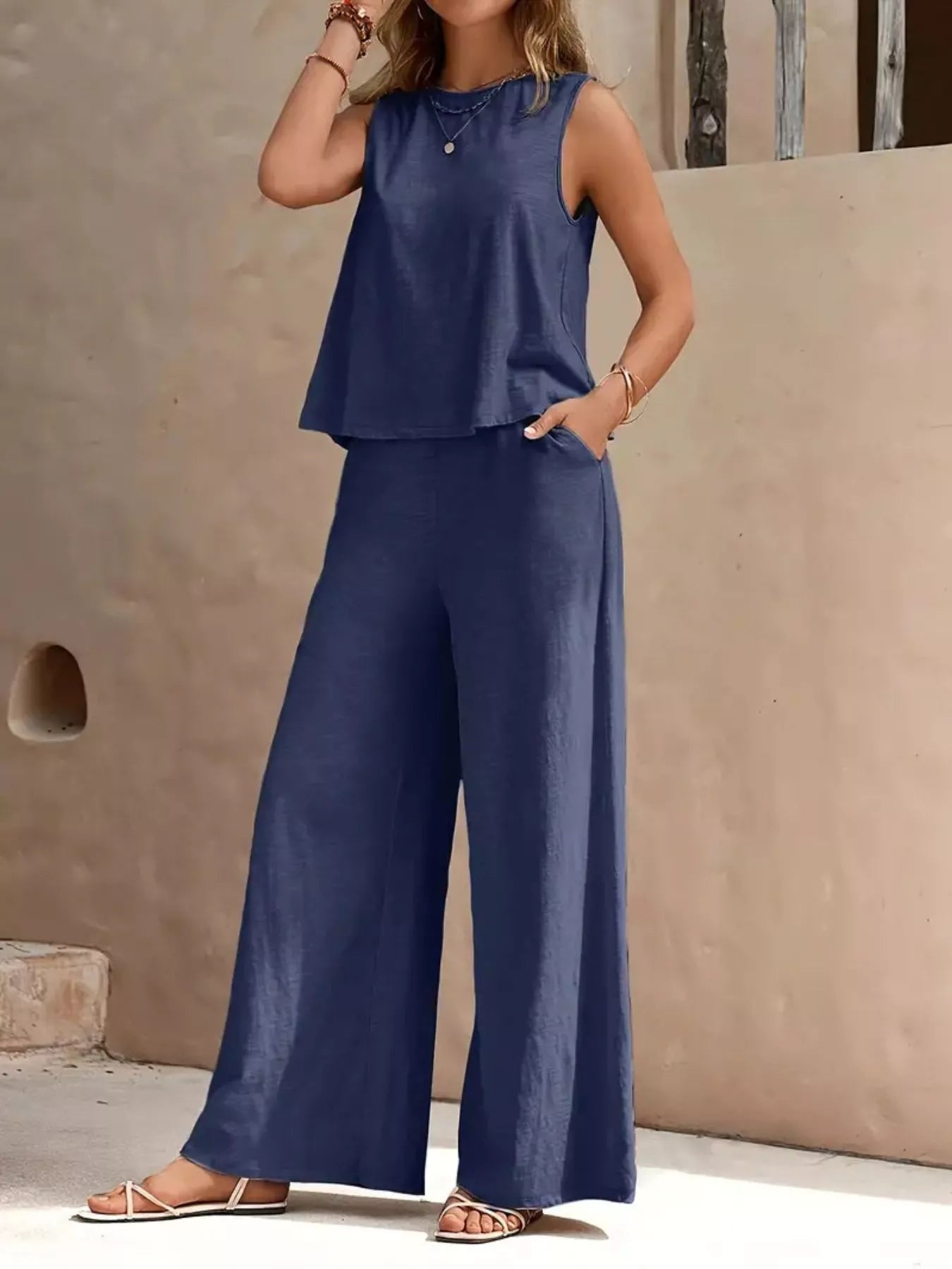 Sarah Express Women's Sleeveless Top and Wide Leg Pants Set Dark Blue