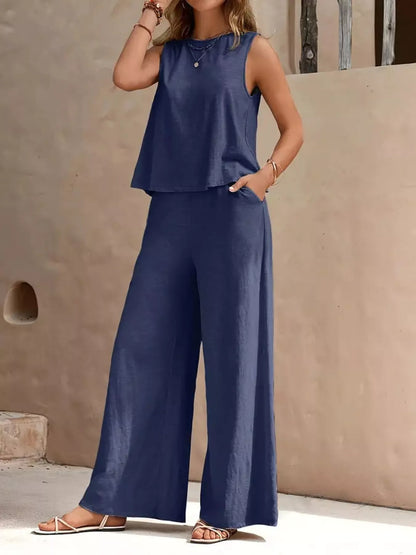 Sarah Express Women's Sleeveless Top and Wide Leg Pants Set Dark Blue