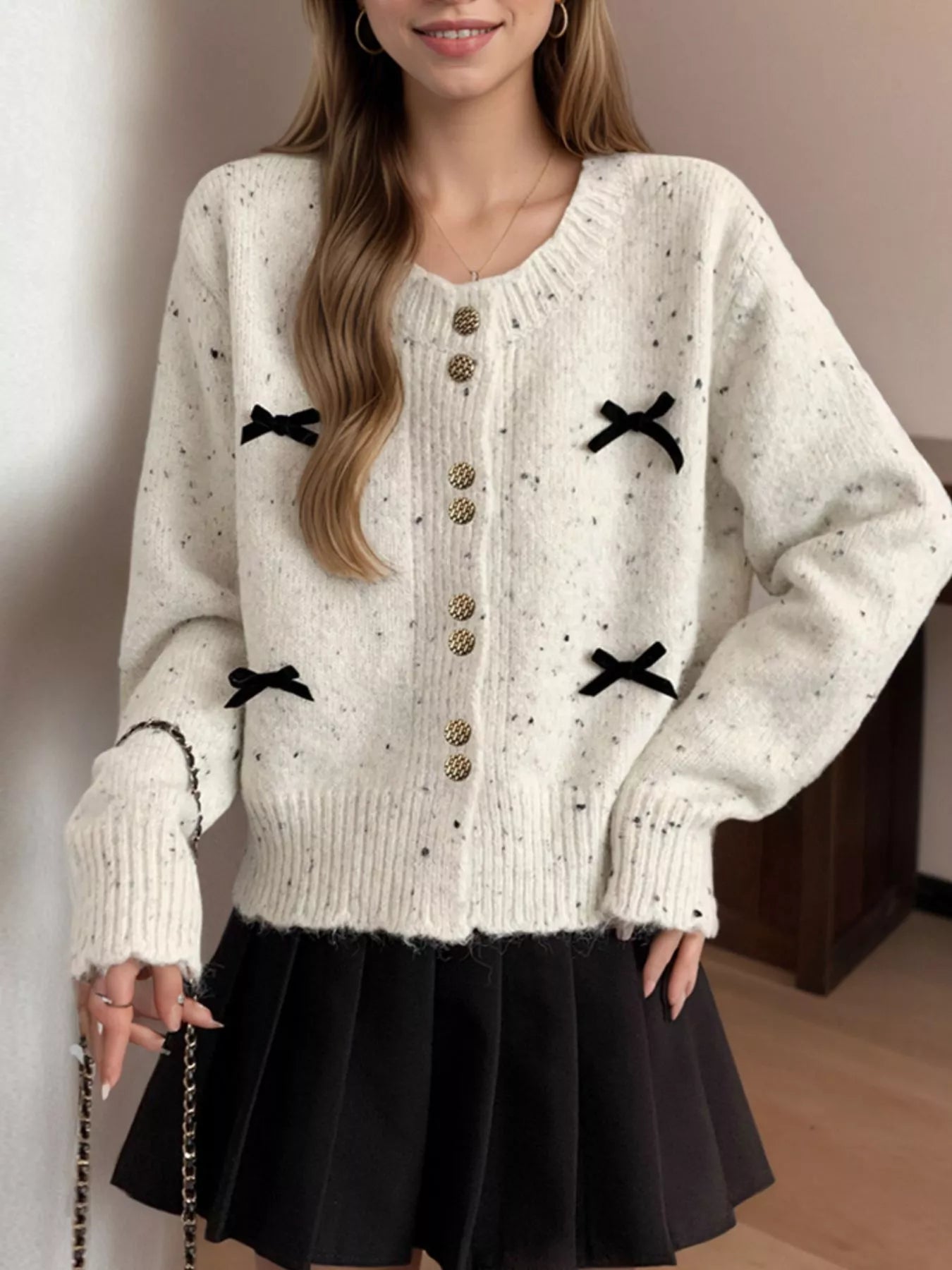 Sarah Express Women's Bow Button Up Ribbed Hem Cardigan