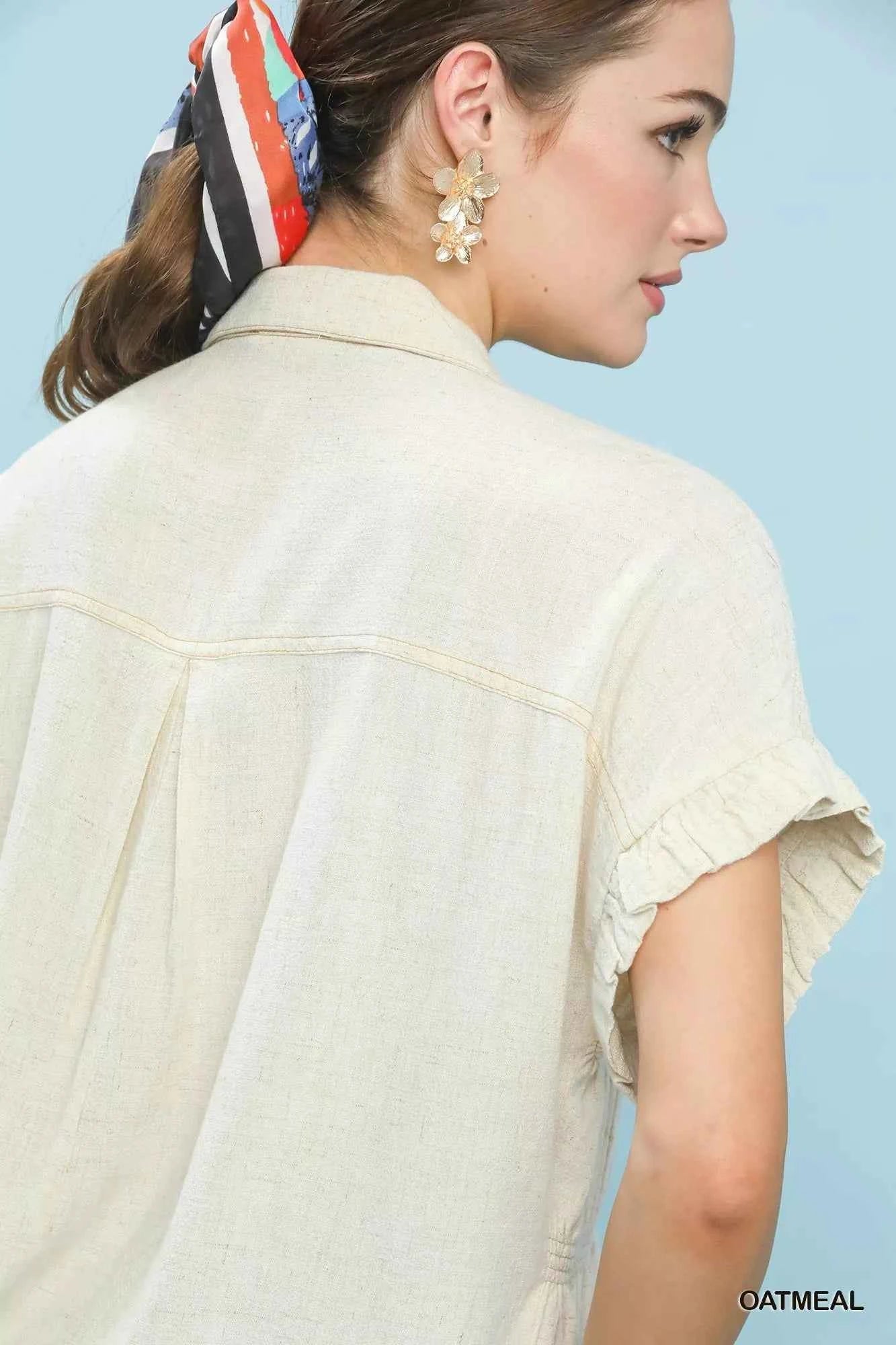 Sarah Express Women's Linen Blend Smocked Button Down Shirt - Short Ruffle Sleeve Summer Top