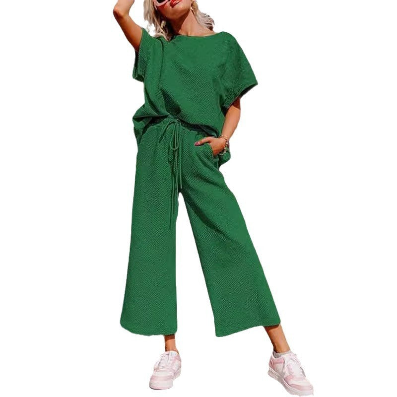 Sarah Express Women's Textured Short Sleeve Top and Pants Two-Piece Casual Set