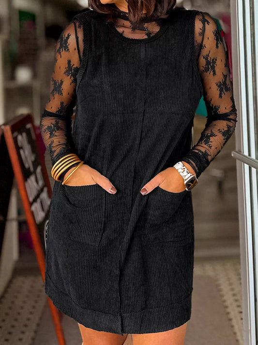 Sarah Express Women's Corduroy Sleeveless Mini Dress with Patched Pockets Black