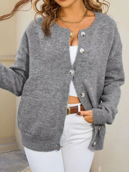 Sarah Express Women's Casual Button-Down Knit Cardigan - Cozy Acrylic Sweater with Pockets