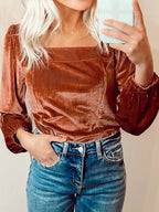 Sarah Express Women's Velvet Ribbed Texture Square Neck Slim Puff Sleeve Top Caramel