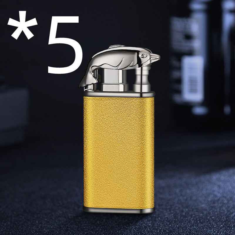 Sarah Express Blue Flame Metal Lighter - Windproof Butane Lighter with Dolphin Dragon Design Gold Scrub Dolphin bk872 5PCS