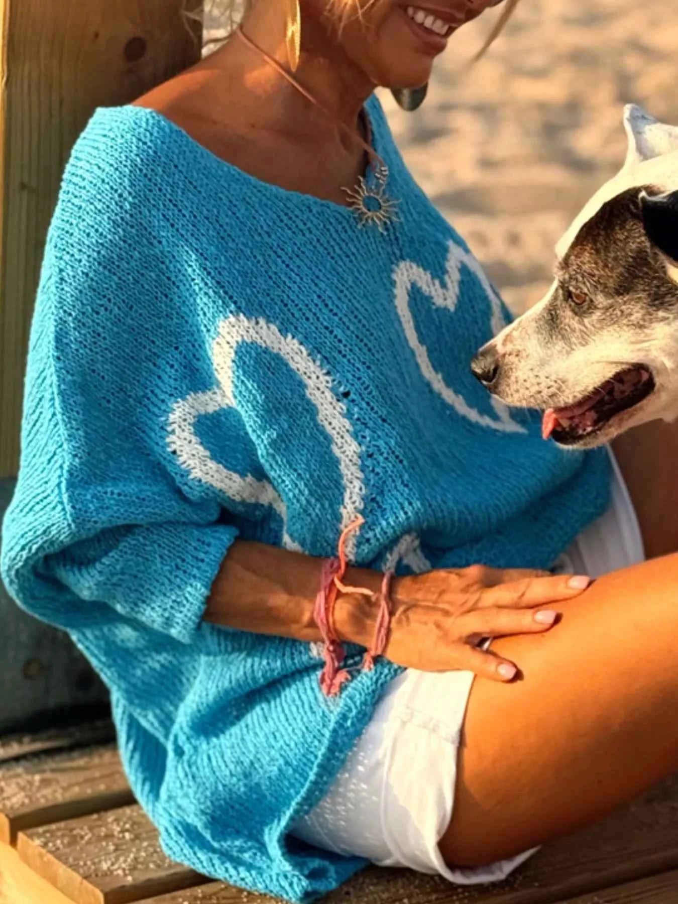 Sarah Express Women's Heart Pattern V-Neck Sweater Dropped Shoulder Openwork Knit