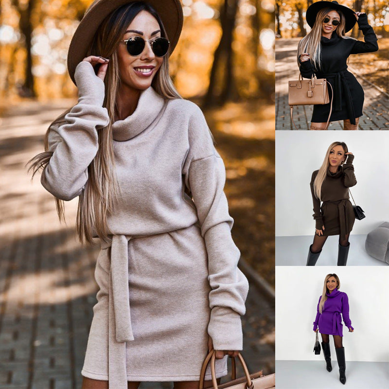 Sarah Express Women's High Collar Belted Dress Long Sleeve Cotton Pullover Mid Waist