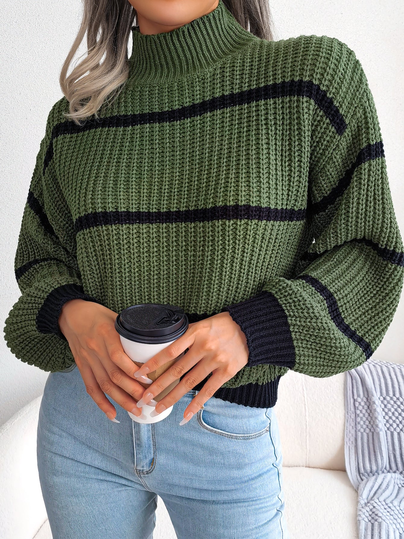 Sarah Express Women's Striped Lantern Sleeve Knit Sweater Half Turtleneck Casual Army green