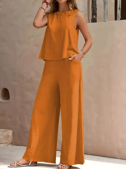 Sarah Express Women's Sleeveless Top and Wide Leg Pants Set Orange-Red