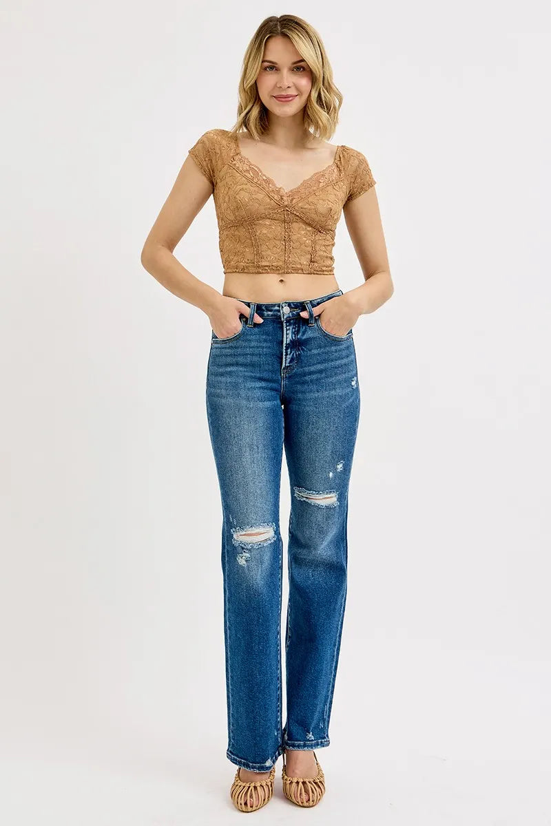 Sarah Express Women’s Plus Size High Rise Tummy Control Distressed Straight Jeans
