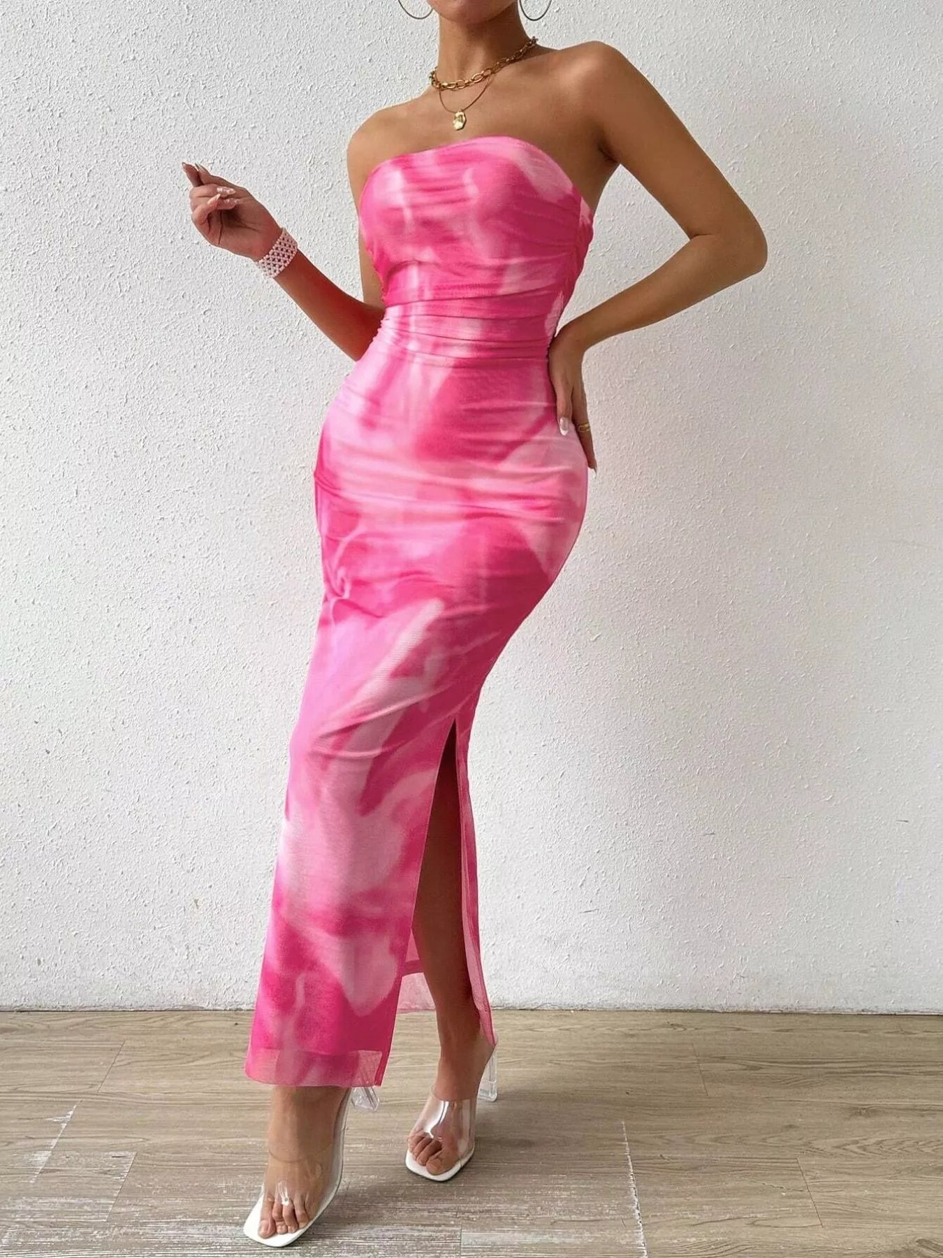 Sarah Express Women's Tie-Dye Ruched Bodycon Tube Slit Dress Fuchsia Pink