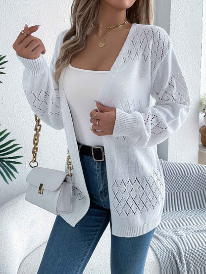 Sarah Express Women's Hollow Out Lantern Sleeve Cardigan Sweater - Mid-Length Knit