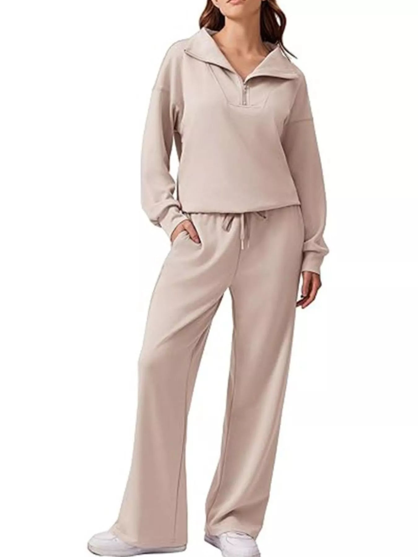 Sarah Express Women's Zip Collar Dropped Shoulder Top and Pants Set Tan