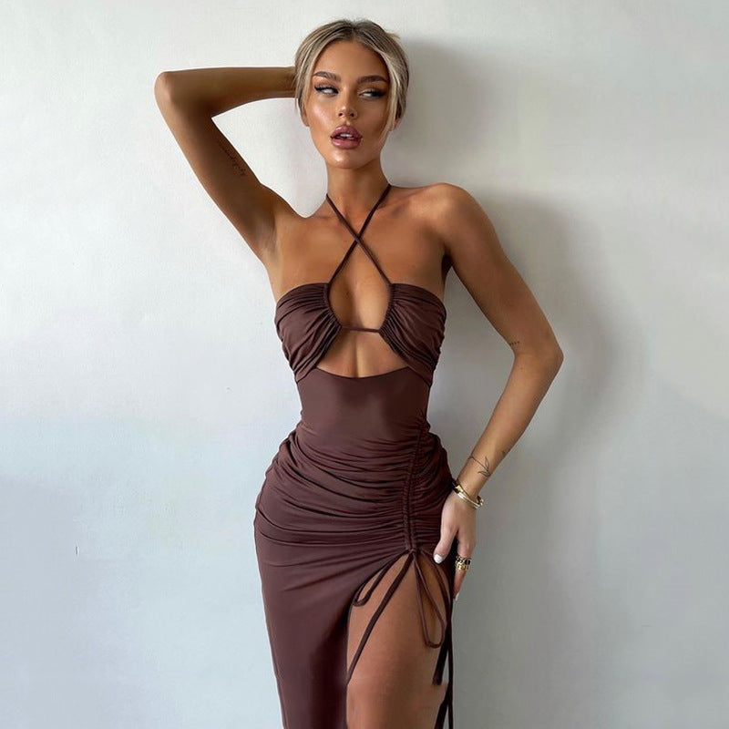 Women's Halterneck Maxi Dress Y2K Lace-Up Backless Split Beach Party