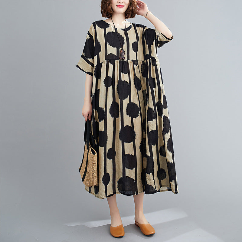 Sarah Express Printed Cotton Blend Short Sleeve Dress Loose Fit One Size