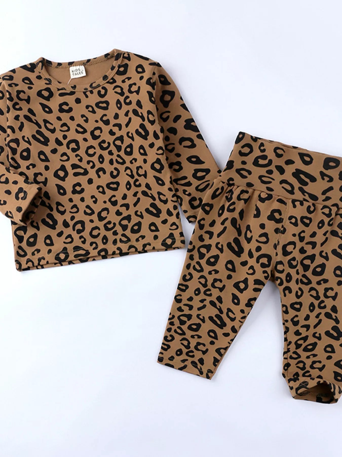 Sarah Express Children's Leopard Print Long Sleeve Top and Pants Set Coffee Brown