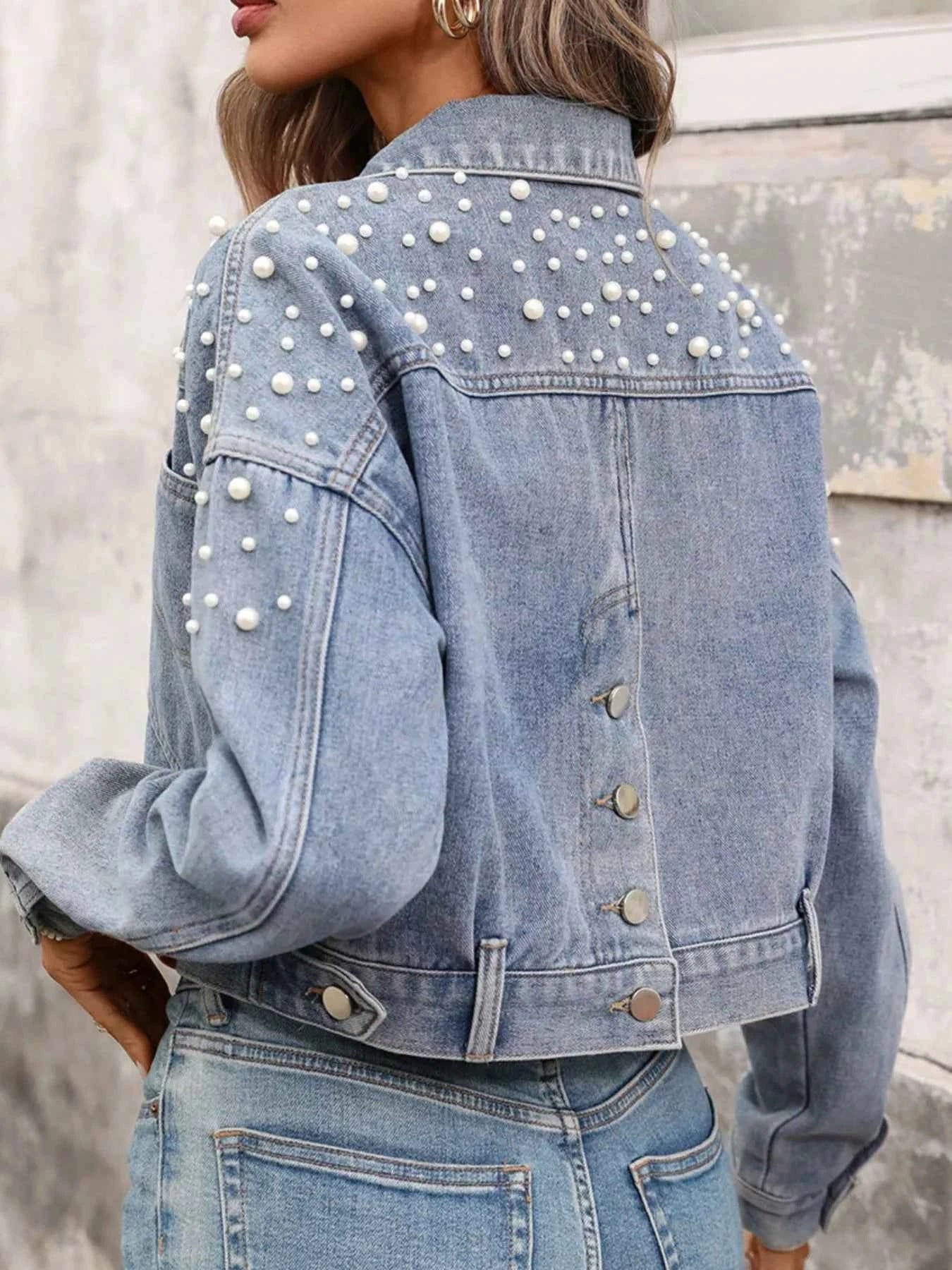Sarah Express Women's Pearl Embellished Cropped Denim Jacket