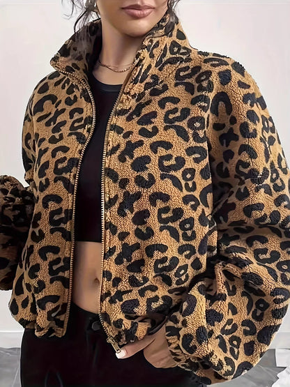 Sarah Express Women's Leopard Fleece Zip-Up Jacket
