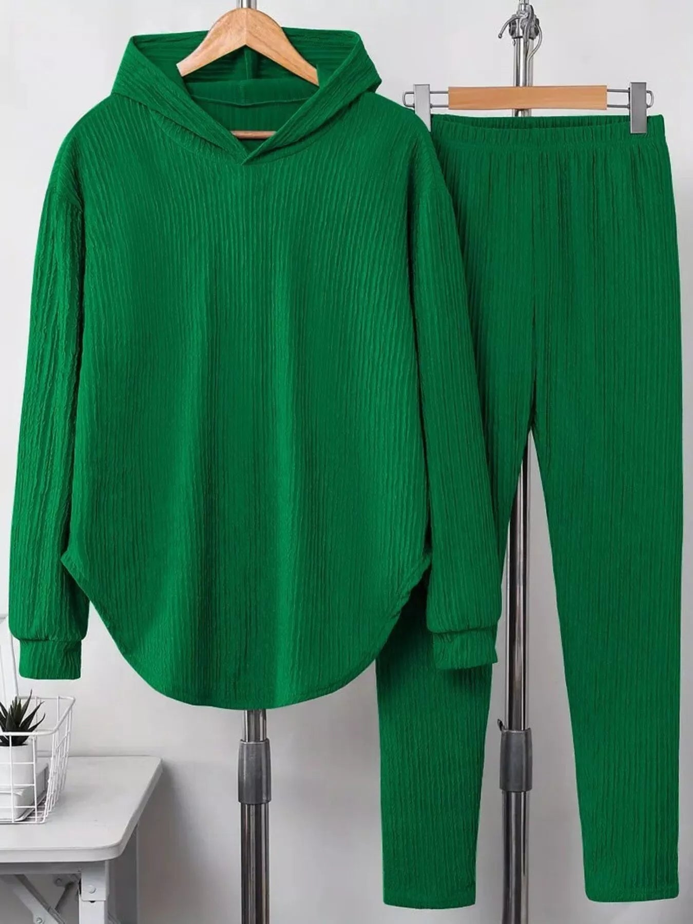 Sarah Express Women's Textured Long Sleeve Hoodie and Pants Set Green