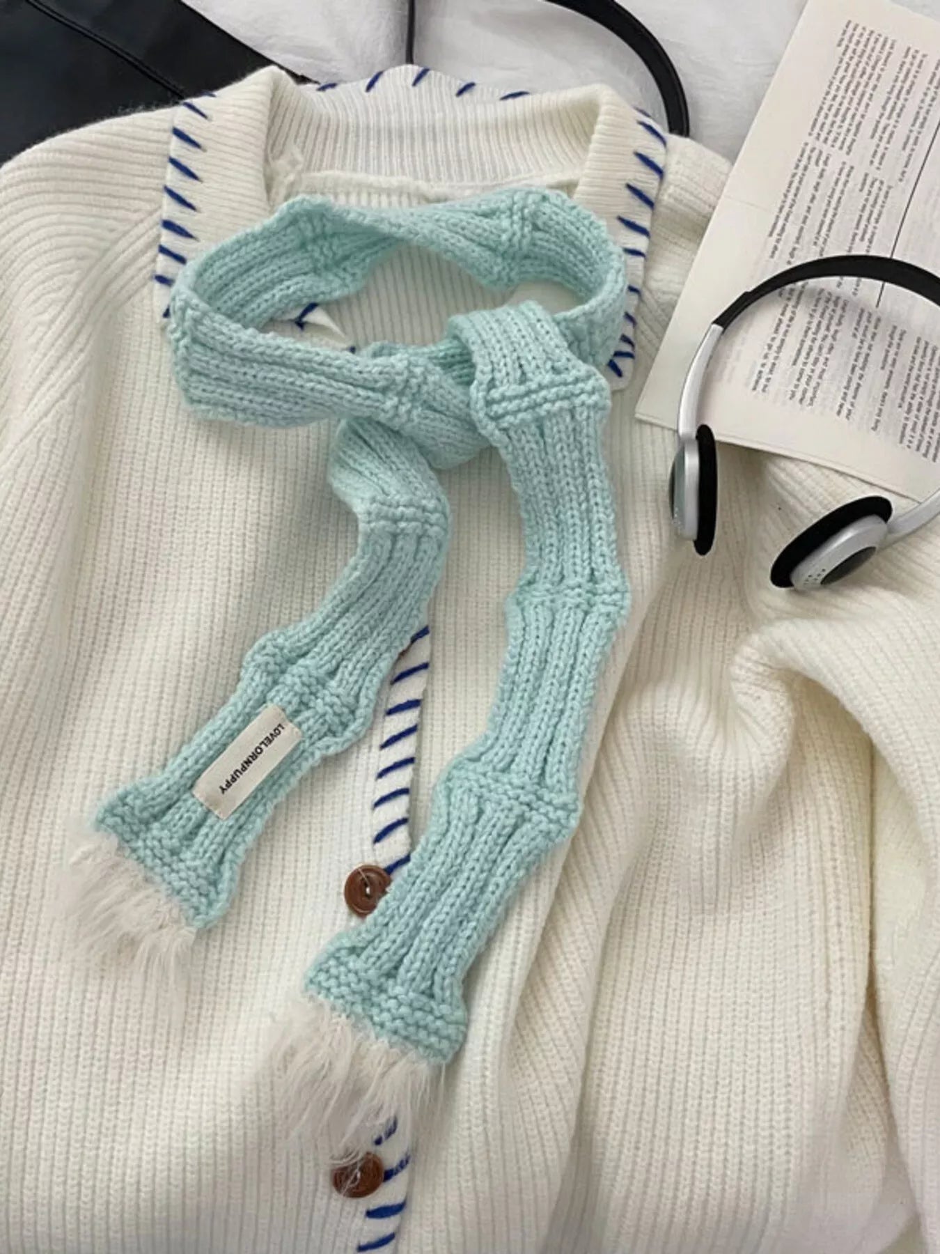 Sarah Express Women's Knitted Plush Trim Scarf Mint Color One Size