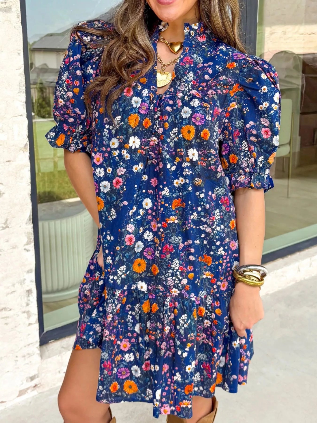 Sarah Express Women's Floral Print Ruffle Hem Mini Dress Short Sleeve Cotton Blend Summer Dress