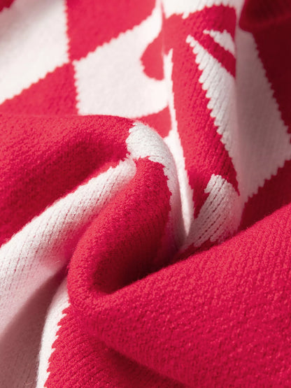 Sarah Express Women's Bow Print 2-Tone Rhombus Knit Loose Sweater