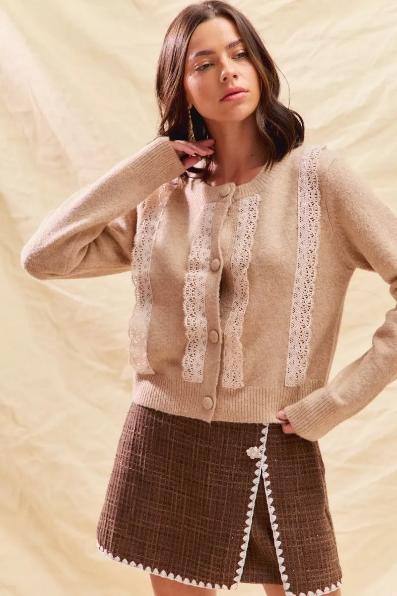 Sarah Express Women's Lace Trim Button Front Cardigan Sweater