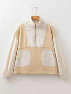 Sarah Express Women's Quarter Zip Striped Patchwork Drop Shoulder Loose Long Sleeve Top