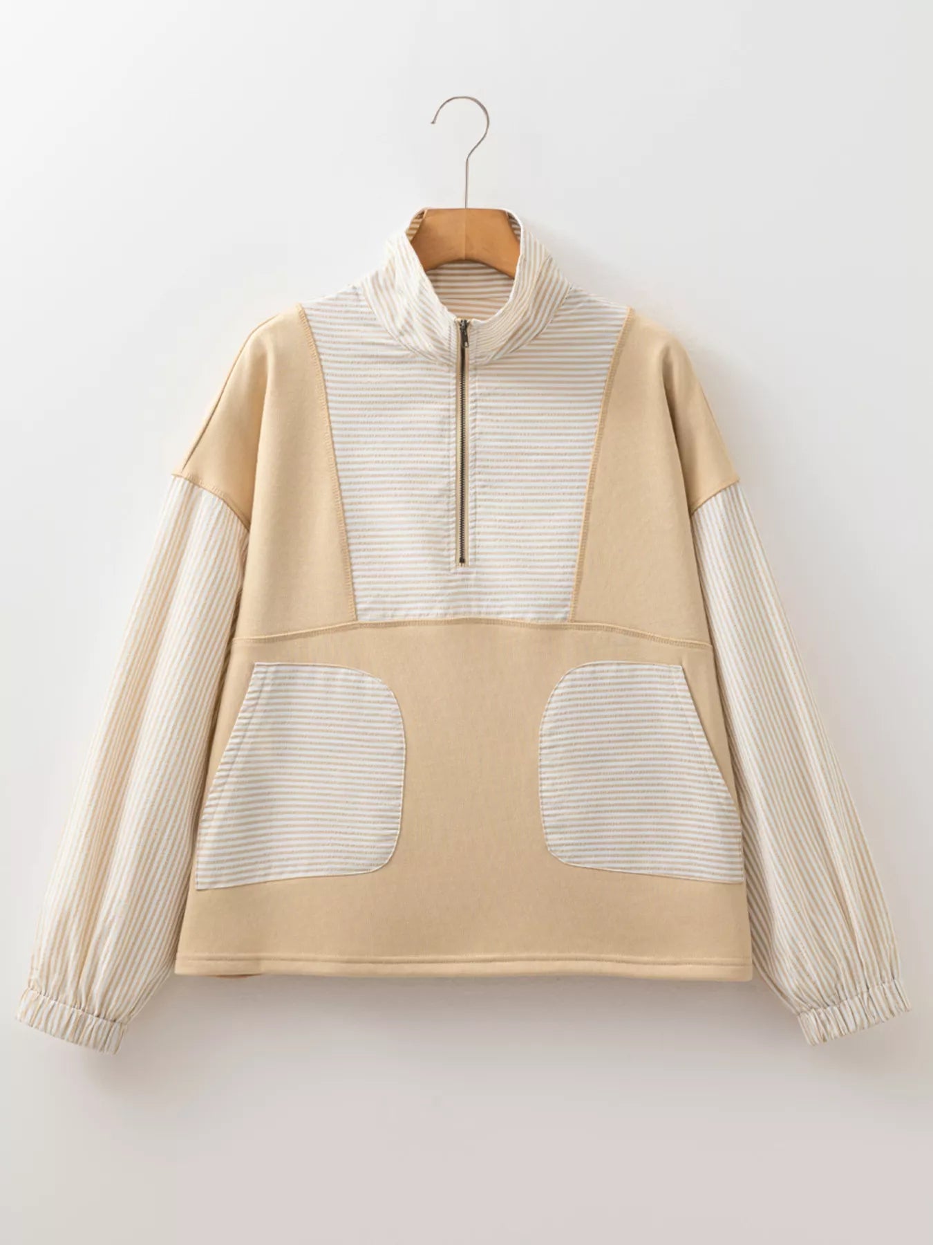 Sarah Express Women's Quarter Zip Striped Patchwork Drop Shoulder Loose Long Sleeve Top