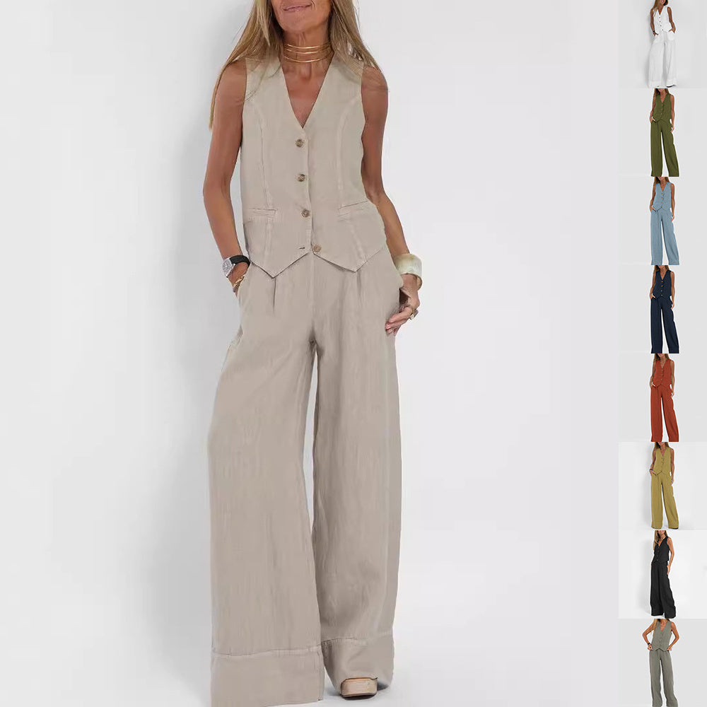 Sarah Express Women's V-Neck Button Vest and Straight Pants Two Piece Set