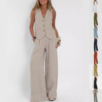 Sarah Express Women's V-Neck Button Vest and Straight Pants Two Piece Set