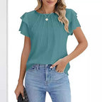 Sarah Express Women's Pleated Round Neck Blouse Short Sleeve Professional Work Top