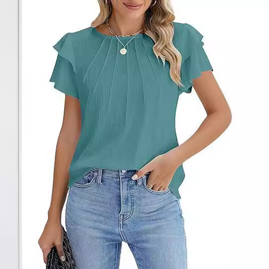 Sarah Express Women's Pleated Round Neck Blouse Short Sleeve Professional Work Top