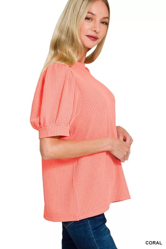 Sarah Express Women's Raised Rib Puff Sleeve Top - Textured Knit Blouse