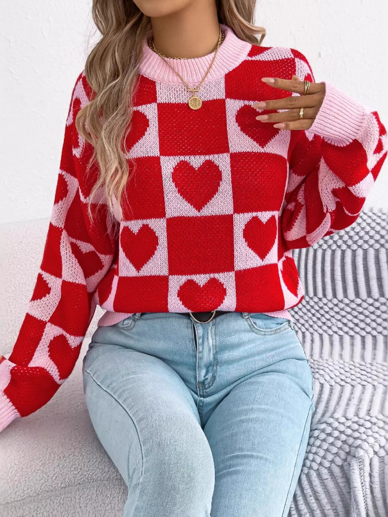 Sarah Express Women's Heart Checkerboard Pattern Round Neck Sweater